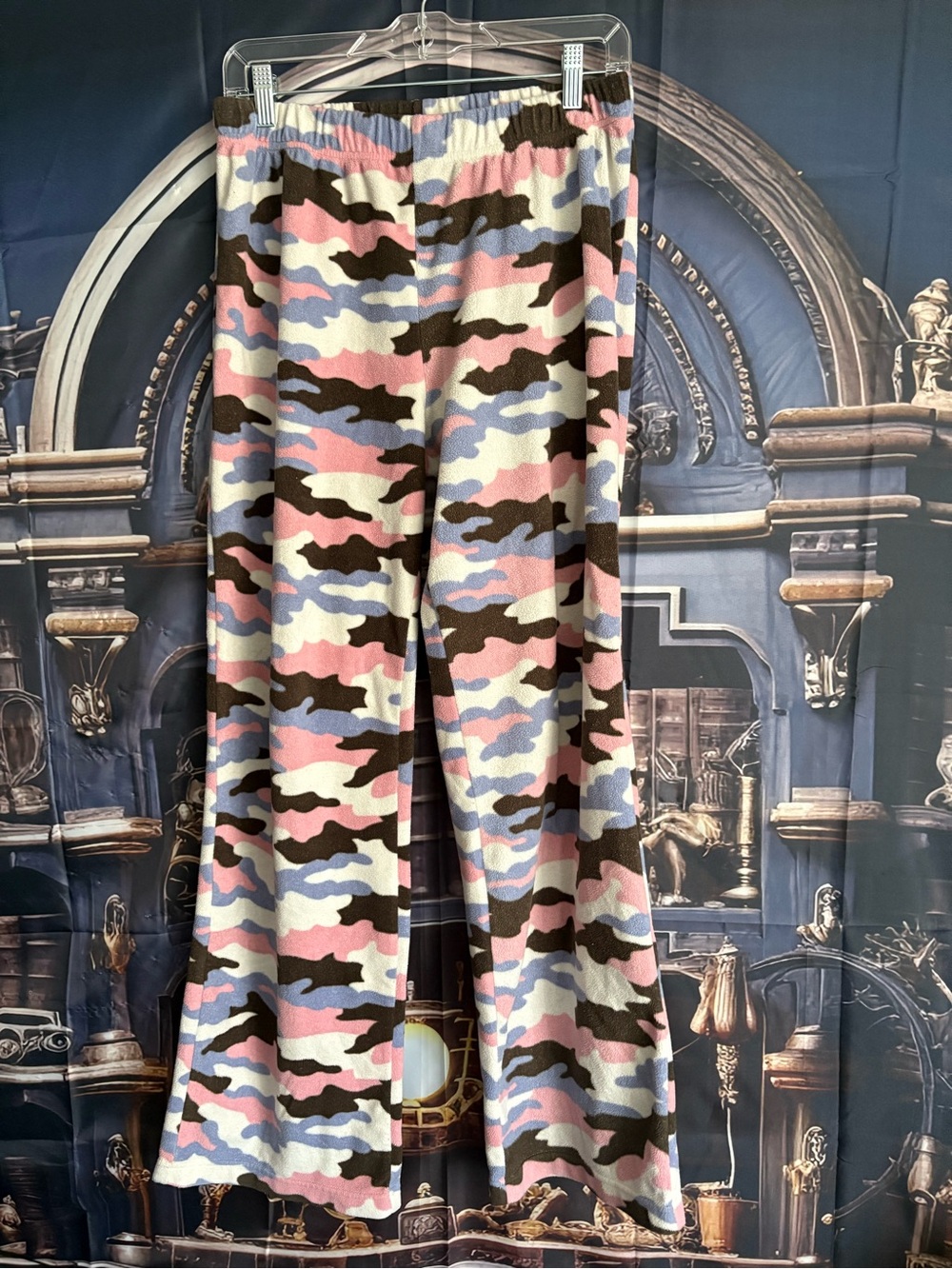Nina Capri Pink, Light Blue & White Camo Knit Flared Pants
